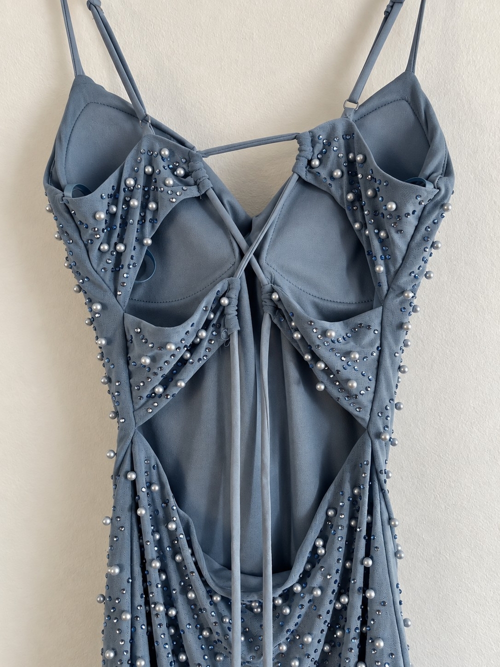 Dusty Blue Pearl Rhinestone Mini Dress Cutout Party Formal Dress Homecoming - Picture 6 of 7
